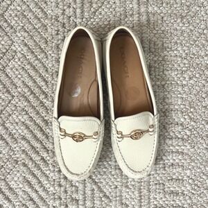 Coach Marley Driver Loafers Chalk White Pebbled Leather Gold C Hardware Flats